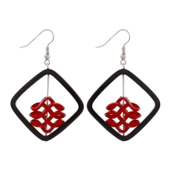 earrings, black square, red spiral bead