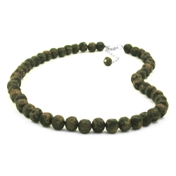 necklace, baroque beads, 10mm, olive-green marbled