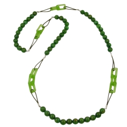 necklace, beads, green marbeled, 110cm