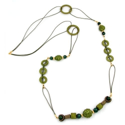 necklace, beads, green shiny olive, 110cm