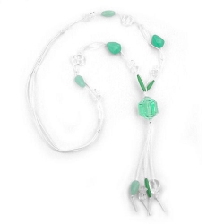 necklace, beads, mint & white, 100cm