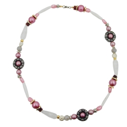 necklace, beads, pink-white-silver tone, 60cm