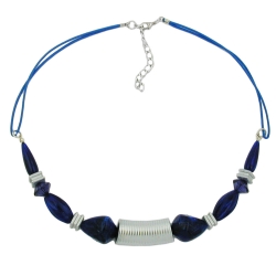 necklace, grooved tube bead, silver coloured & blue beads