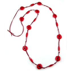 necklace, red disk beads, red cord