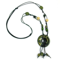 necklace, ring, green-olive-gold marbled, 100cm